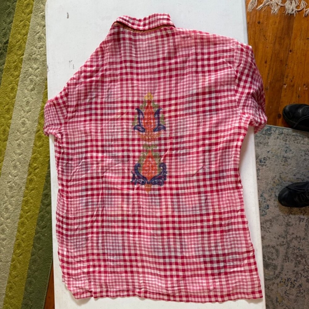 Red & White Sheer Button-Up men’s Shirt by Alpana Bawa with Embroidery - Picture 2 of 7